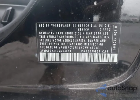 2013 Volkswagen Jetta 2.5L Sel z USA, uszkodzony, nr VIN 3VWGP7AJ1DM264614